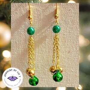 Handcrafted Green Jingle Bell Gold Beaded Dangle Holiday Christmas Gift Earrings